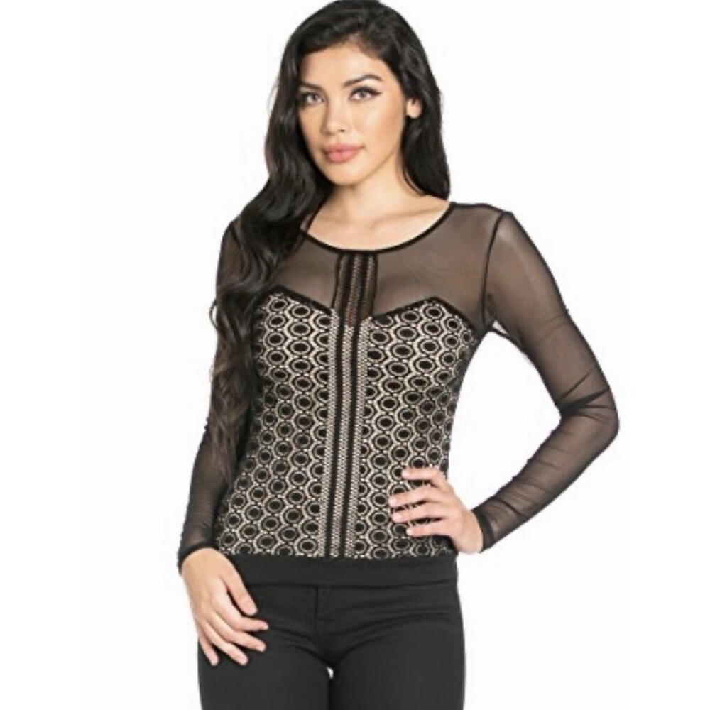 Residents On Sexy Stretch Mesh Long Sleeves Lace Corset Top Black Size Small